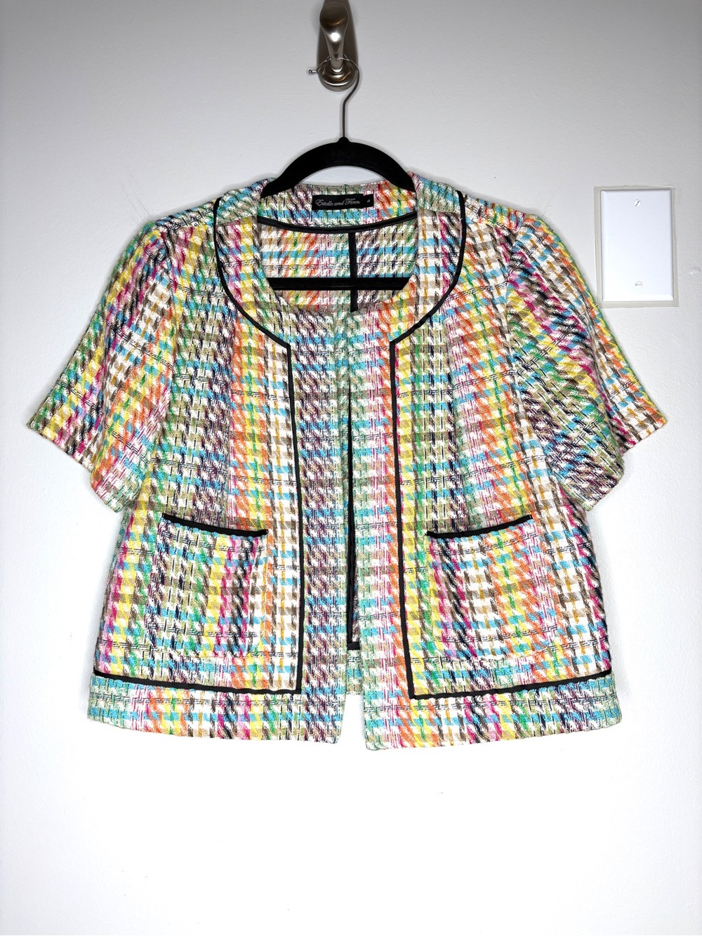 Estelle And Finn Short Sleeve Tweed Open Jacket Preppy Colorful Rainbow Size 4
